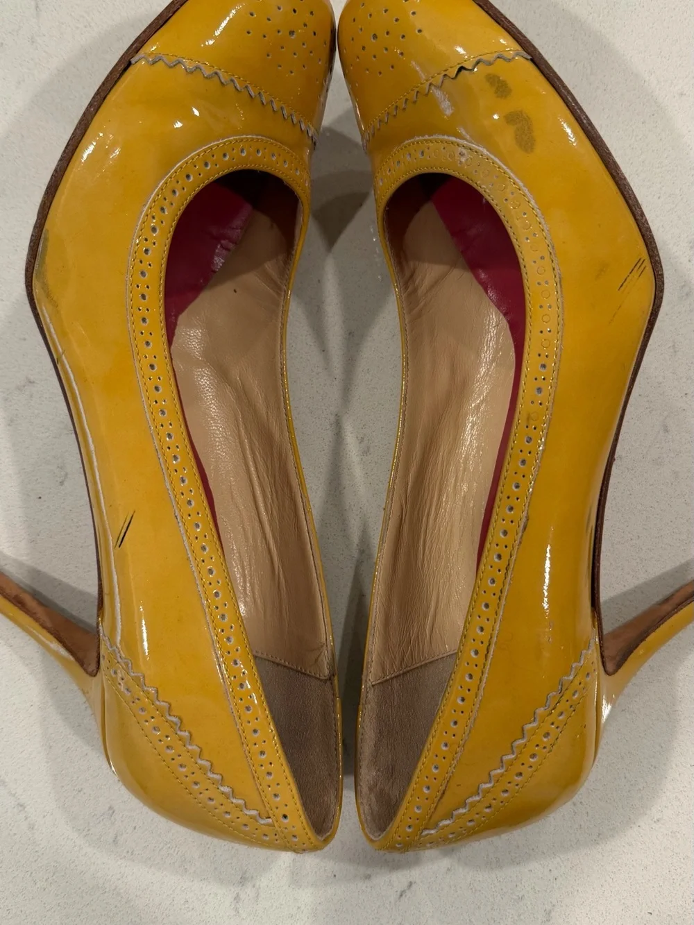 kate spade Yellow Patent Leather Round-Toe Pumps with Pink Insole